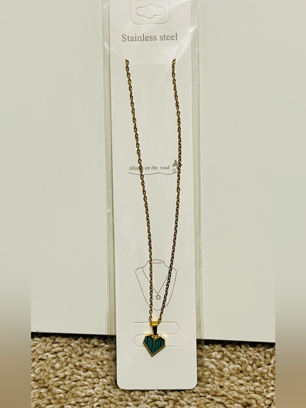 Gold Stainless Steel Necklace with Green Heart Pendant